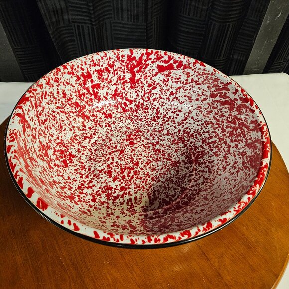 Vintage Graniteware Bowl Red and White Black Rim - Picture 1 of 4
